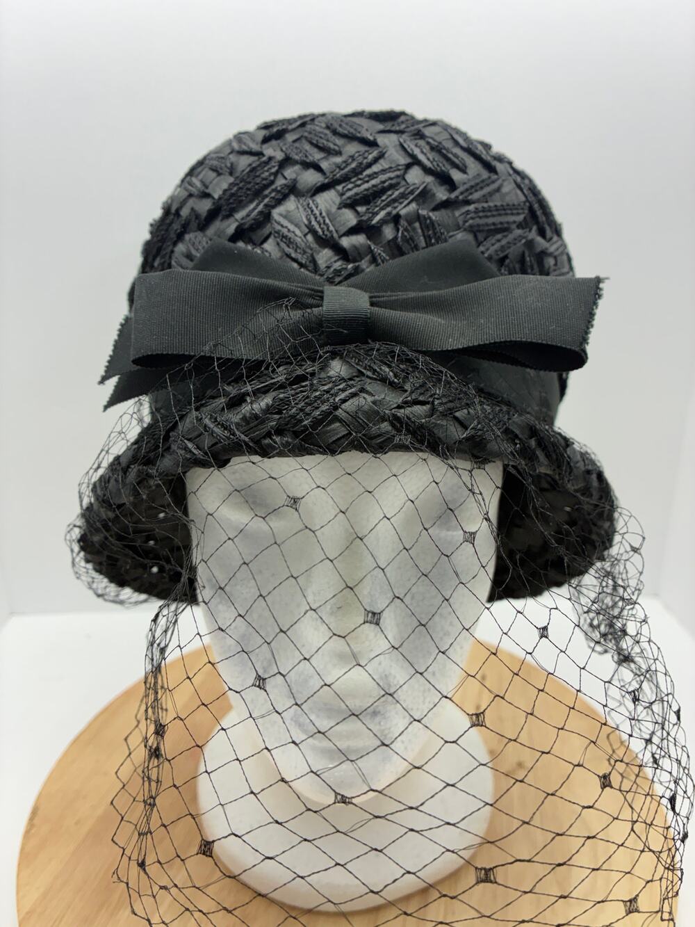 Vintage Black Woven Veiled Hat, Handmade Cocktail Hat, Mid Century Gothic